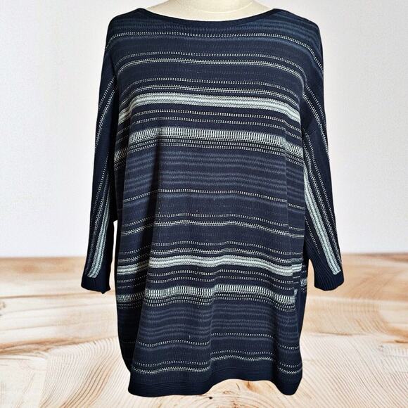 Ralph Lauren Chaps Sz 1X Womens Sweater Navy Tribal Stripe 3/4 Sleeve Aztec Boho - Picture 2 of 9